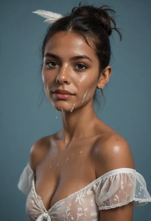 (brown skinned Indian woman looking at viewer:1.3), (dark skinned lips), (slightly bent nose:1.2), (slender arched nose:1.1), jawline, slightly side view, (short sleek straight tied hair:1.3), arrogant, (black hair), hooked nose, plucked eyebrows, dark complexion, (transparent liquid, wet face), (cum on her face, bukakke), white summer dress, cleavage, dark blue background, short sleeves, puffer sleeves, (flower print on dress:.8), (haute couture feather head accessory:1.1), millinery, fascinator, faint smile