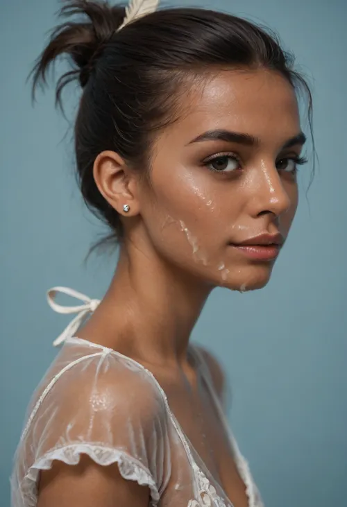 (brown skinned Indian woman looking at viewer:1.3), (dark skinned lips), (slightly bent nose:1.2), (slender arched nose:1.1), jawline, slightly side view, (short sleek straight tied hair:1.3), arrogant, (black hair), hooked nose, plucked eyebrows, dark complexion, (transparent liquid, wet face), (cum on her face, bukakke), white summer dress, cleavage, dark blue background, short sleeves, puffer sleeves, (flower print on dress:.8), (haute couture feather head accessory:1.1), millinery, fascinator, faint smile