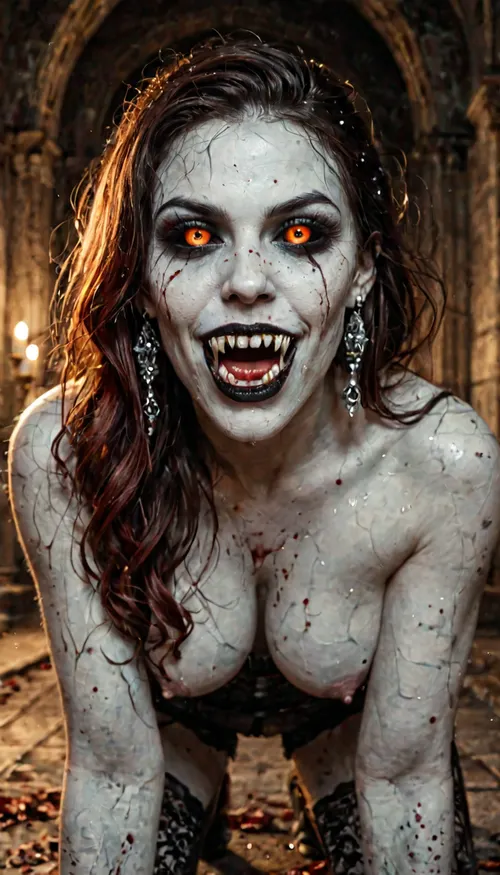 Photographic. Dynamic. Realistic. View of three, (3), beautiful women with a demon face Vampire Fangs Teeth, their eyes are black and reflective, crawling towards camera on their knees
All have pale skin and black lips, with snarling evil faces. Their breasts are exposed. Tiny droplets of blood fleck their mouths and breasts.

The woman on the left is skinny with small exposed breasts and long white hair. The centre woman is slender, with large saggy breasts, black hair with her mouth open showing her impressive long fangs, (she hisses at the viewer), The woman on the right is voluptuous and has red hair, Their legs blend in to the shadows.

They are surrounded by shadows in medieval castle, highly detailed, high budget, bokeh, cinemascope, moody, epic, gorgeous, film grain, grainy, (()), dark, fantasy, Subspecies, style, black, sclera, eyes, <lora:dark_fantasy_art:1.4>, <lora:Subspecies style:.6>, <lora:black sclera:1.6>