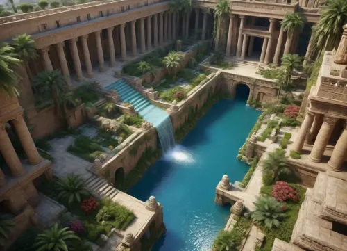 (Hanging Gardens of Semiramis:1.3), architecture of ancient Mesopotamia, (huge stepped terraces:1.2), cascading waterfalls, water structures, lush vegetation, (tall palm trees:1.1), lush greenery, (ancient ruins:1), (river:1), boats, (colorful facades:1.1), blue glazed tiles, tiles, bas-reliefs, arches, columns, (bright colors:1.2), fantasy art, photorealistic, detailed, high quality, cinematic, (soft light:1.1), dramatic, (fantasy:1.1), epic, wide angle, top view, concept art, 8K