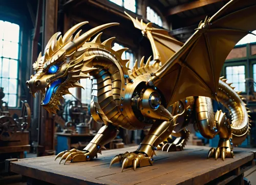 Mechanical dragon made of metal and gold with blue eyes, crouched on its paws, in a Victorian workshop. Futuristic art. Bright daylight. Close-up, wide angle shot. Detailed, atmospheric, bright colors, photorealistic.