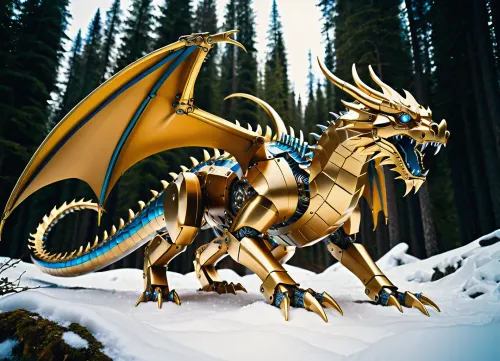 Mechanical dragon made of metal and gold with blue eyes, crouched on its paws, in a snowy mountainous forest area. Cyberpunk, futuristic art. Bright daylight. Close-up, wide-angle shot. Detailed elaboration, atmospheric, bright colors, photorealistic.