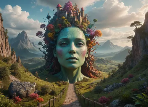 Surrealistic digital painting of an adventure land formed within the contours of a human head, imaginative elements, creating an atmosphere of tranquility, voluminous, mysteriously colored, lush soundtrack, octane rendering, 8k, richly detailed., <lora:xl_more_art-full_v1:.5>