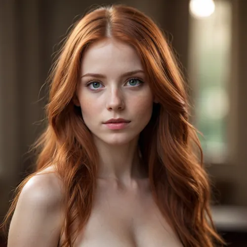 young girl face, nude, long red hair