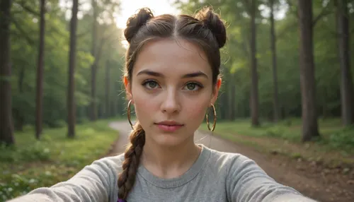 (blurred tree in the front of the camera:1.1), woman, (grey sweater:1.15), bottomless, black boots, hazel eyes, brunette braided hair, two hair buns, rounded breast, rounded ass, trimmed pubic hair, break, shiny skin, perky nipples, sultry, selfie, hoop earrings, (behind a tree:1.3), forest, (sunlight filtering through forest roof:1.2), (sunset), (beautiful forest landscape), northern rainforests, cinematic composition, shallow depth of field, creamy background blur, soft bokeh, subject in sharp focus, low light photography, cinematic look, blurred background, portrait lens effect, soft and dreamy atmosphere, foreground and background separation, wide aperture lens effect, front view