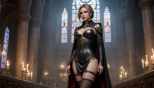 38 year old cleric, Sexy beautiful young woman, cleric of dark gods, in a dark church, wearing cleric robes and stockings, full body, (masterpiece), best quality, highres, 4k, 8k, cinematic lighting, amazing quality, amazing shading, soft lighting, Illustration, official artwork, anime style, wallpaper, official art, ultra detailed skin, <lora:Saint XL:.75>