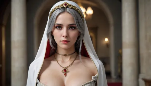 30 year old saint, wearing cleric robes and stockings, full body, (masterpiece), best quality, highres, 4k, 8k, cinematic lighting, amazing quality, amazing shading, soft lighting, Illustration, official artwork, anime style, wallpaper, official art, ultra detailed skin, partially nude, jewelry, Necklace, Rings, Headdress, ultra detailed face, perfect eyes, skin imperfections, 35mm, analog style, a realistic photo, film grain, (photorealistic:.6), taken by a canon eos r5, 1girl, braided hair, large_teardrop_breasts, Broad-shouldered body, bright red eyes, grey hair, <lora:Saint XL:.75>