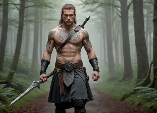 Modern color drawing in fantasy art style, (Celtic warrior in misty forest standing on a path, holding a Celtic weapon in his hand and looking tensely in front of him), close-up, face and shoulders in mystical tattoos.