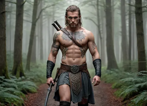 Modern color drawing in fantasy art style, (Celtic warrior in misty forest standing on a path, holding a Celtic weapon in his hand and looking tensely in front of him), close-up, face and shoulders in mystical tattoos.