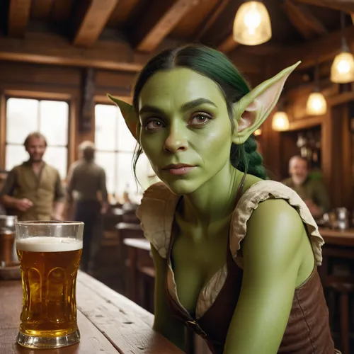 cute goblin girl, big ass small tits, green skin, pointed ears, tavern