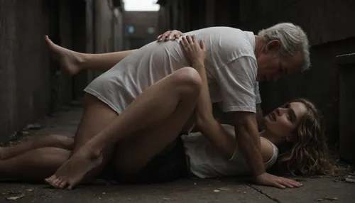 couple, caucasian female laying on bags of trash, (pale skin:1.2), old homeless man leaning on her, side view, close up, happy, white shirt open, pleated black skirt, penis, (long legs:1.2), (knees up), perfect long blonde hair, oily skin, old man hugging her waist, looking at viewer, feet, (eyeliner:.8), homeless alley, extremely realistic, missionary vaginal sex, leg lock, <lora:dark:.3>
