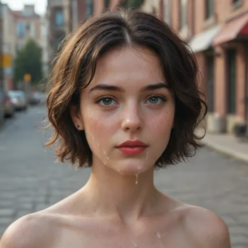 beautiful girl, 18 yo, skinny, small tits, flat chest, dark hair, short hair, standing, freckles, red lips, cum on face, messy facial, a lot of cum, public stripe hair