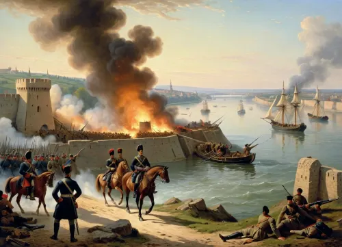 masterpiece, full color image, 8K quality, oil painting by a Russian artist, The painting depicts the very moment of the beginning of the storming of the fortress in the early morning. On the right, in the foreground, there is a cannon, from which Russian gunners fire a signal shot to attack. A.V. Suvorov is shown on the left, sitting on his white horse Mishka, and M.I. Kutuzov is on his right hand. Next to them are Russian soldiers and officers storming the bastions and walls of the burning Turkish fortress of Izmail. On the right side of the painting is the Danube River, where you can see the outlines of the boats of the landing troops.