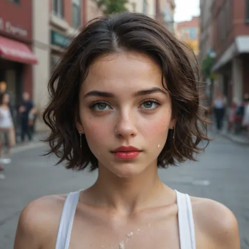 beautiful girl, 18 yo, skinny, small tits, flat chest, dark hair, short hair, standing, freckles, red lips, cum on face, messy facial, a lot of cum, public stripe hair