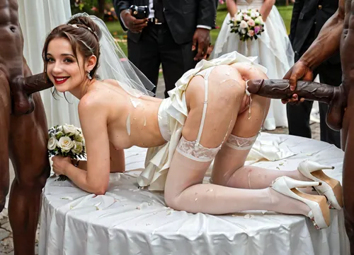 ((interracial)), ((Beautiful outdoor wedding banquet)), cute, pretty, beautiful youthful slim petite slender young bride at wedding party, smiling, realistic detailed flat small breasts, realistic detailed very tight pussy, very skinny, (girl:1.5), (little:1.5), brown hair, hairbun, conservative white wedding dress, garter belt and sheer white stockings, white high heels, red lipstick, (hands tied with duct tape:1.3), wedding bouquet, (bend over table), (anal fucked by man), huge cock, (3rd person), anal sex, (doggy-style anal sex), ((many men are lined up to fuck her next)), ((she is smiling)), ((she likes it)), rough anal sex, very deep anal penetration, hard fucking, outdoors, wedding guests watching, crowd, late afternoon, realistic detailed face, realistic detailed hair, realistic detailed body, realistic detailed skin, (More, Details), 4ng3l, face, detailxl, bukkake, cum, <lora:checkpoint-e100_s400:1.3>, <lora:add-detail-xl:1.5>, <lora:style_lora_realis:.5>, <lora:SDXL_BetterFaces-LoRA_v1:.8>, <lora:MS_Real_XL_Bukkake:.8>
