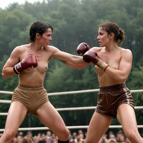 Two naked ladies, one curvy milf 50s and one young 20s, boxing sexy but brutal with a low blow kick in a countryside setting in the 1943s, they are wearing old brown boxing gloves on their hands, they wear fishnet stockings and fight in a ring surrounded by men who crowd against the ropes and bet on the match, they have hairy armpits, they have hairy clitorises, there is no hatred on their faces but only a healthy boxing competition, their bodies are dripping with sweat, they are under a downpour.