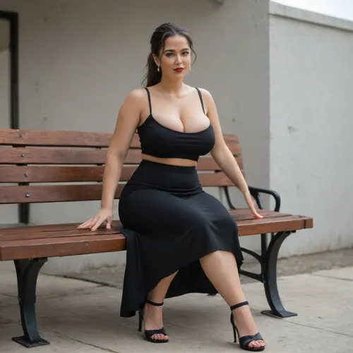MILF, 35 years old, juicy body with a belly, perfect anatomy, black hair in a high ponytail, bright red lipstick, huge breasts, black strapless mesh tank top, black skirt with a slit, just below the knees, tights, stiletto sandals, full-length view, sitting on a bench, (with three young guys nearby), <lora:220437_training_data:2>