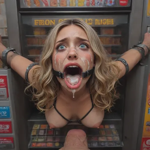 (40 years adult), (woman is stuck with her hips in a round hole with metal rim in a vending machine), (her bust is protruding from a round hole in the front of the vending machine:1.5), (stuck in hole with metal rim:1.3), (vending machine at night, slot for payment), (wide mouth spreader ring gag, gaping mouth:1.5), (leaning forward), (embarrassed, ashamed), (pleading expression:1.2), (terrified:1.6), (crying:1.2), (fear and panic:1.2), (box is low mounted, close to floor), (score_9, score_8_up, score_7_up, UHD 8K, masterpiece, best quality, maximum details, natural light, extreme realism, cinematic still), (huge penis:1.4), (she stares at erect penis in front of her face:1.3), (POV from above, she is looking up to viewer, submissive), (POV man standing and looking down, man stroking his big dick:1.1), (arms restrained to wall), (her arms left and right flat against the wall, multiple iron rings fixing her stretched arms against the wall:1.5), (POV standing man, looking down on her:1.2), (mouth wide open), (dirty blonde Swedish woman, freckles, tanned), (tan lines), (iron rings restrain her arms to vending machine), (her arms are spread eagle against vending machine:1.8), (arms restrained with iron rings:1.8), (free-standing vending machine), (her face is covered in cum:1.6), (enormous cum in er mouth:1.12), (bukkake, facial:1.48), (crying:1.56), (freckles, skin impurities), (transparent liquid:1.2), (realistic cum), (wet face:1.2), (oily skin:1.5), (stuck in a round hole with metal rim:1.6), (long blonde hair, elegantly styled hair, long wavy hair:1.5), (eyes wide open in horror:1.8), (her mouth serves only one purpose), (she's got a new job, she's a public cum dumpster)