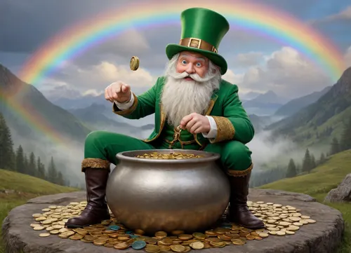 A leprechaun with a long white beard and a green top hat is depicted, wearing a detailed green and gold outfit, squatting on top of a pot overflowing with gold coins, holding a key in one hand and looking towards the viewer. The pot is placed on a rocky ground, with more gold coins scattered around it. In the background, a vibrant rainbow arcs across a cloudy sky with hints of blue, descending towards a green, hilly landscape on the left and misty, tall mountain peaks on the right. Digital painting, detailed fantasy illustration Bright, magical lighting, with the rainbow casting colorful hues on the scene Medium shot, eye-level perspective Intricate details on the leprechaun's attire and the gold coins, rich colors, atmospheric, mythical, whimsical