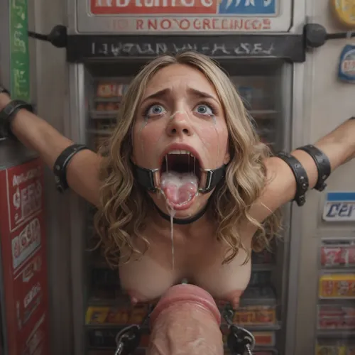 (40 years adult), (woman is stuck with her hips in a round hole with metal rim in a vending machine), (her bust is protruding from a round hole in the front of the vending machine:1.5), (stuck in hole with metal rim:1.3), (vending machine at night, slot for payment), (wide mouth spreader ring gag, gaping mouth:1.5), (leaning forward), (embarrassed, ashamed), (pleading expression:1.2), (terrified:1.6), (crying:1.2), (fear and panic:1.2), (box is low mounted, close to floor), (score_9, score_8_up, score_7_up, UHD 8K, masterpiece, best quality, maximum details, natural light, extreme realism, cinematic still), (huge penis:1.4), (she stares at erect penis in front of her face:1.3), (POV from above, she is looking up to viewer, submissive), (POV man standing and looking down, man stroking his big dick:1.1), (arms restrained to wall), (her arms left and right flat against the wall, multiple iron rings fixing her stretched arms against the wall:1.5), (POV standing man, looking down on her:1.2), (mouth wide open), (dirty blonde Swedish woman, freckles, tanned), (tan lines), (iron rings restrain her arms to vending machine), (her arms are spread eagle against vending machine:1.8), (arms restrained with iron rings:1.8), (free-standing vending machine), (her face is covered in cum:1.6), (enormous cum in er mouth:1.12), (bukkake, facial:1.48), (crying:1.86), (freckles, skin impurities), (transparent liquid:1.2), (realistic cum), (wet face:1.2), (oily skin:1.5), (stuck in a round hole with metal rim:1.6), (long blonde hair, elegantly styled hair, long wavy hair:1.5), (eyes wide open in horror:1.8), (her mouth serves only one purpose), (she's got a new job, she's a public cum dumpster)