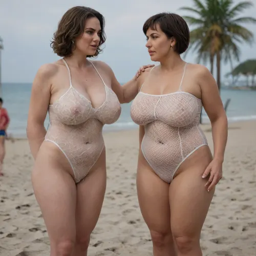 A souvenir photo, (((a skinny naked 20-year-old loser cuckold boy cum in their chastity and fishnet short))), ((a super sexy 45 year old white MILF mistress plump curvy mother with brown bobcut hair and a tall, chubby body in sheer swimsuit)), on the beach party, woman is angry, femdom mom, mistress mom, QOS, nice legs, thick arms, short neck, completely, nude, NSFW