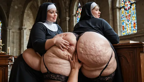 lesbian couple-bbw Nuns, 60 years old, extreme fat, obese, cellulite, fat double chin face, overweight, bare breasts, lace underwear, stockings, garters, thick, mature, print nun dress, groping and fingering each other in the old church cunnilingus, 2girls, girl, grabbing hard in her fat ass from behind, <lora:Cunnilingus XL:.8>, semi rear view