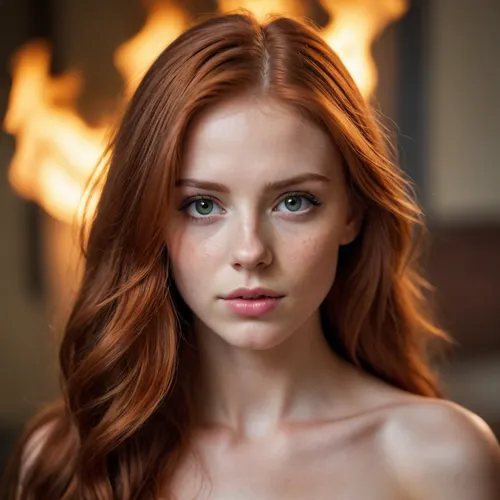 young girl face, nude, long red hair