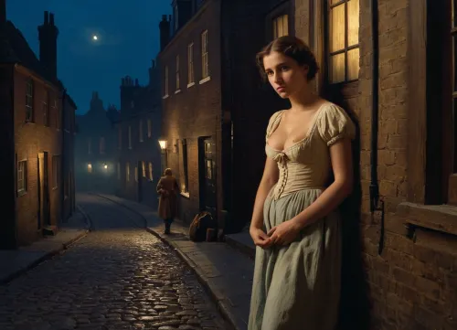(historical oil painting about 1860), young, (big eyen, small mouth), woman in historical dirty streets of london, ragged and dirty clothes, She's a hooker, leaning on the wall of a guesthouse in London in the night, one breast exposed, men's walking by, woman look sad, view from distance, (oil painting in Aivazovsky style, night, nighttime, low lighting, highly detailed figure, at night, darkness)