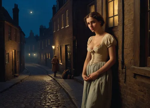 (historical oil painting about 1860), young, (big eyen, small mouth), woman in historical dirty streets of london, ragged and dirty clothes, She's a hooker, leaning on the wall of a guesthouse in London in the night, one breast exposed, men's walking by, woman look sad, view from distance, (oil painting in Aivazovsky style, night, nighttime, low lighting, highly detailed figure, at night, darkness)