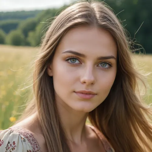 (high quality photographie), (detailed eyes), (detailed skin), (ultra sharp), one only beautiful tall 25yo woman, (woman6), long dark blonde hair, very straight hair, in summerdress on a sunny day on a meadow, no makeup, soft smile, focus on eyes