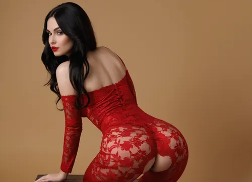 White background, Beautiful sexy 25 year old girl, red lace dress, pale skin, black hair, black eyeliner, Russian, (oiled body:1.5), fashion model face, red lipstick, perfect face, perfect eyes, (Huge bubble ass:1), (big natural breasts:1), (nude:1), top, exposed ass, exposed pussy, red lace stockings, bending over, showing off her ass, view from behind, view from side, (hands, on, own, ass), (grabbing, ass, stretch, spread)