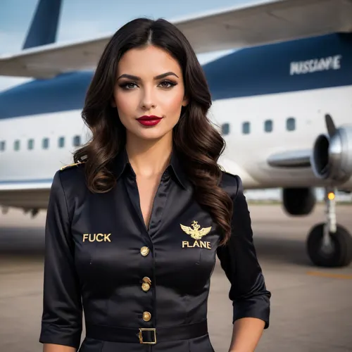 Close up, 32k image. Ultra realistic, woman, Beautiful spanish air hostess instagram model standing outside by a plane, long wavy hair, (((sexy tight black Satin air hostess costume))), ((((('Fuck Plane' written on uniform))))), logo, text, sign, that, says, the, word