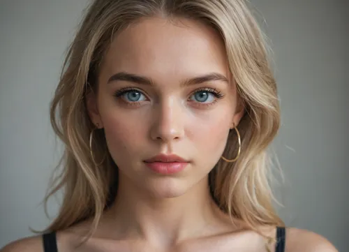 ((photorealistic close-up portrait)), young woman, bust shot, facing camera, neutral calm expression, studio setting, high detail, ultra sharp focus, 8k, DSLR style, f/2.8, 2
slightly rounded oval face, soft feminine features, fair smooth skin with subtle pink undertone, natural texture, no heavy makeup, 2
medium-length ash blonde hair with natural flow, subtle golden highlights, cooler tones, parted in the middle, slightly wavy, 2
large round green-gray eyes, light and bright, well-defined iris, direct gaze, subtle catchlight, 2
light blonde eyebrows, medium thickness, gently arched, not too dark, 1.5
straight proportional nose with softly rounded tip, not too narrow, 1.5
natural medium lips, soft pink tone, subtle shape, not full, 1.5
thin silver hoop earrings visible, 1
thin black strap clothing on shoulders, minimal detail, 1
right hand softly touching hair, natural nails, 1
soft diffused front lighting, cinematic studio look, minimal shadows, seamless neutral gray background, shallow depth of field, bokeh, 2