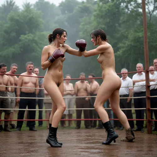 Two naked ladies, boxing intense sexy brutal with a low blow kick in a countryside setting in the 1900s, they are wearing boxing gloves on their hands, they wear fishnet stockings and fight in a ring surrounded by men who crowd against the ropes and bet on the match, they have hairy clitorises, their bodies are dripping with sweat, they are completely soaked by the pouring rain, they are under a downpour.