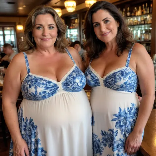 Raw picture, iPhone 15 pro photo, warm light, two mature obese spanish women, beautiful blue eyes, milf, 55 years old, looking at the camera, smiling, large boobs, black hair, brown hair with highlights, posing in a busy bar, flashphoto, dark tanlines, showing her boobs, dark light, skin detailed with skin imperfections, long white colored with blue floral print sun dress