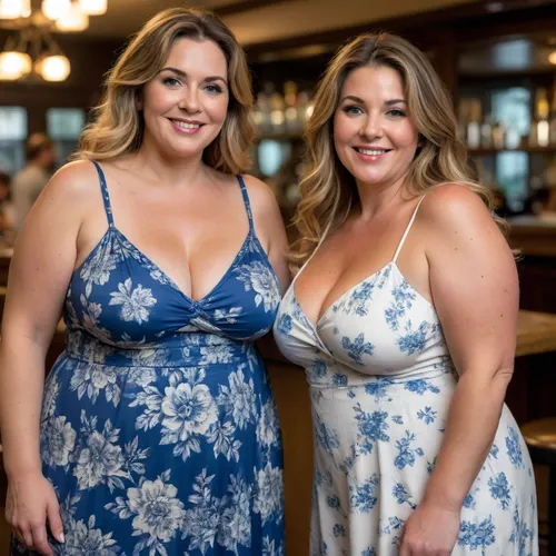 Raw picture, iPhone 15 pro photo, warm light, two mature obese ssbbw women, milf, 55 years old, looking at the camera, smiling, large boobs, light brown hair with highlights, almost kissing in a busy bar, flashphoto, dark tanlines, touching her boobs with her hands, dark light, skin detailed with skin imperfections, (the woman on the left is wearing a long white colored with blue floral print sun dress), (the woman on the right side is wearing a sleeveless spaghetti strap dress)