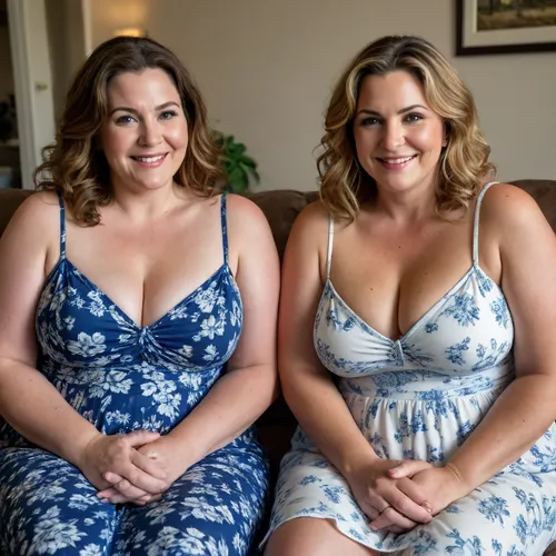 Raw picture, iPhone 15 pro photo, warm light, two mature obese ssbbw women, milf, 55 years old, looking at the camera, smiling, large boobs, light brunette hair with highlights, sitting on a couch in a living room, flashphoto, dark tanlines, touching her boobs with her hands, dark light, skin detailed with skin imperfections, (the woman on the left is wearing a long white colored with blue floral print sun dress), (the woman on the right side is wearing a sleeveless spaghetti strap dress)