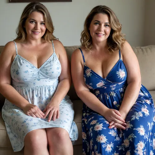 Raw picture, iPhone 15 pro photo, warm light, two mature obese ssbbw women, milf, 55 years old, looking at the camera, smiling, large boobs, light brunette hair with highlights, sitting on a couch in a living room, flashphoto, dark tanlines, touching her boobs with her hands, dark light, skin detailed with skin imperfections, (the woman on the left is wearing a long white colored with blue floral print sun dress), (the woman on the right side is wearing a sleeveless spaghetti strap dress)