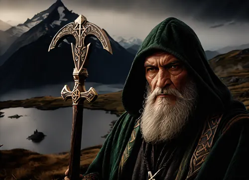 A wise old man, the Norse god Odin, wearing a green hooded cloak, with a thick beard and piercing eyes, (one eye hidden by a black patch), holds a carved staff. Two realistic black ravens with open beaks sit on his shoulders. The old man is set against a backdrop of wide, open mountainous and marshy terrain with ponds and snow-capped mountains on the horizon. Next to him is a huge stone carved with the, (rune Ansuz:1.7), . Digital painting, fantasy art inspired by Norse mythology. Dramatic lighting emphasizes the old man's face. Medium shot, chest-level angle showing details of the old man and ravens, as well as part of the expansive landscape. Detailed rendering of the face and beard, mystical atmosphere, realistic textures of the ravens and staff, melancholic colors, expressive features.