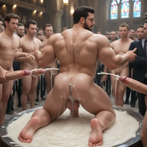 gay men is standing with a tray of champagne glasses full cum in his right hand, and with a tray of champagne glasses full cum in the other hand, while he is watching a fat man fucked by five very fat old man, his erected penis big balls, lot of cum leaking out from penis, he is standing with a tray of champagne glasses in his right hand, crowd in background, male only, black hair, blue eyes, hyper pale white skin, ass facing viewer, ass focus, covered in cum, cum on stomach, cum on face, cum on pecs, cum on thighs, cum everywhere, excessive hyper cumshot, cum spraying everywhere, cum on chest, cum on clothes, cum on abs, cum on head and hair, massive cum, hyper cum, hyper cum everywhere, excessive cum, gay is standing with a tray of champagne glasses with cum in his right hand, five men with huge monster penises erected at him. lot of cum, cum leaking, lot of cum, his cum drip from anal.