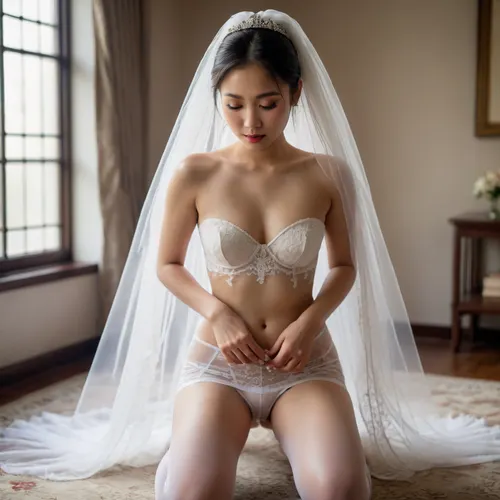 asian bride white dress with veil, topless, no bra, white garter belt, stockings, on her knees