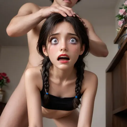 beautiful tiny, (petite), ebony girl with blue braided hair with flowers, ((slender)), skinny, couple doggy style, doggy style, strong dark makeup, beautiful eyes, beautiful face, red lipstick, (((((Ebony woman))))), moaning, forced sex, rough sex, hard fuck, couple, crop top, naked, breasts showing, (1guy 1ebony girl), (her wrists tied behind her back), man grabbing hair, her chest pushed out, (view from front below), (Scared:1.7), (tears:1.5), (flat chest:1.2)