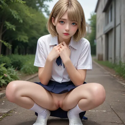 Asian, (blonde, blue eyes, young, beautiful face, small tits, protruding nipples, shaved pussy, thin hands, purple lips, blush on cheeks), school uniform, (no panties, no bra, short skirt, white shirt, alstuke), squatting