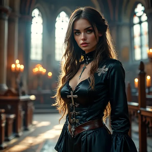 Close up, Dark church background, boots, cross necklace, sexy satin habit, long hair, necklace, 30 yo nun, solo, standing, thigh boots, thighhighs, (((beautiful face))), (((detailed face))), (((perfect face))), highly, best natural sunlight, masterpiece, 32k, (Masterpiece:1.2), high quality, Volumetric Lighting, backlight, sexy, <lora:BUT_SDXL_SHS:1.6>, <lora:MJ52:1.2>, <lora:Vivid Midjourney mimic - XL SDXL v2.0:1.3>