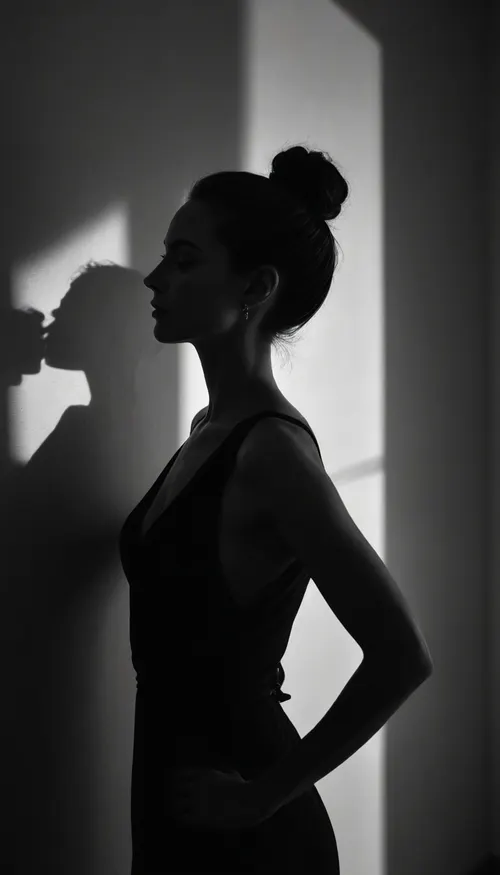 black and white photo of a woman in profile, standing, wearing a sleeveless dress with a deep V-neck, hair in a bun, her shadow on the wall behind her, sunlight casting shadows, high contrast
