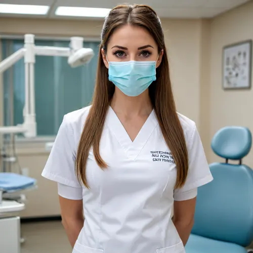 gorgeous female, long brown hair, ponytail with clip, large breasts, perfect ass, white fitted dentist tunic and trousers, stood beside dentist chair, wearing surgical mask, face only, perfect eyes