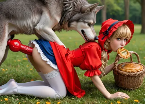 based on Charles Perrault's fairy tale "Little Red Riding Hood", a very beautiful franch girl, innocent cute 18 years old blonde, golden square hairstyle, slutty smile, red hood, blue eyes, white stockings, narrow butt hips, a glance to the side, open mouth, beautiful blue gown, (she is on all fours and a big gray wolf is fucking her mouth from front in a doggystyle on a green lawn among the trees, there is a basket of pies nearby), (the girl sucking wolf's red knotted veins dick), (hem of her dress lifted, white stockings are visible), (red knotted veins dick in mouth), wolf, side view, victorian, fcNeg
lora, detailed_notrigger, .7>, <lora:260797_training_data:.8>, <lora:MJ52:.8>, <lora:708827_training_data:1.3>