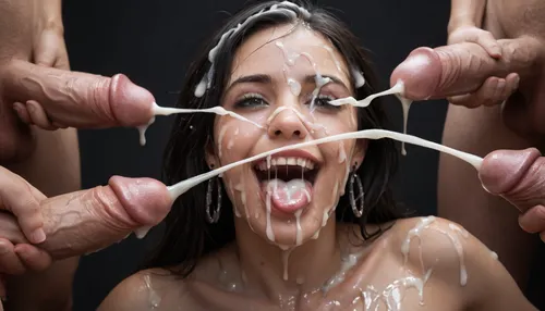 close up of a huge 15 inch white dick, masturbating, (ejaculation:1.7), cumshot into the wide open mouth of a mature curvy woman with black hair, happy, horny, sadistic grim, smiling, tongue sticking out, excessive cum dripping from tongue, black room, black background, (Cum details), realistic cum, Prominent cum, (white cum:1.7), cum on, (Cum flows:1.2), (cum on body:1.3), cum on head, (cum on face:1.3), bukkake, ((body covered with semen)), cum, face, Face covered in cum, (A lot of cum:1.5), surrounded by dicks, 2+ men., <lora:JustCum:.7>, <lora:cum_in_eye_deepmind:.8>