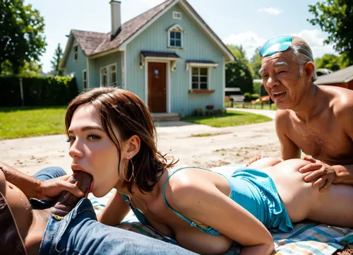 (1 woman+ 2 men), A tall slender cute very beautiful 35-year-old short brown hair Russian innocent married woman in a colorful light sundress fucks with a 2 short depraved fully dressed old men and hugs his neck, (The hem is pulled up:1.3), (the innocent woman passionately looking at short fat old man), vaginal and oral sex, cocks in vagina and mouth, orgasme on face, open mouth, The chest is medium, ((2 old men rough strong groping:1.3)), grouping grabing her, ((Outside in the dirty backyard of the house, garbage is lying around)), rear view, High detail, excellent image quality, <lora:424902_training_data:1.1>, skirtlift, <lora:skirtlift_xl:.8>
