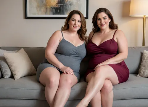 In this inviting and warm image, two ssbbw mature women are seated on a plush, light grey ottoman or bench that serves as a focal point in a tastefully decorated living room. Both women are facing forward, engaging the viewer directly with a friendly and seductive gaze.
The bbw woman on the left has long, wavy dark brown hair that cascades over her shoulders. She is wearing a tight, deep maroon slip dress that accentuates her figure, with a high slit revealing part of her leg. Her left arm is resting comfortably on her lap, while her right arm is slightly bent at her side. She has a confident smile, and her eyes convey a sense of playful allure. Her makeup is natural, highlighting her features.
The bbw mature woman on the right has lighter, dark-blonde hair with highlights that also flows past her shoulders. She is adorned in a tight black slip dress with thin straps. Her pose mirrors her companion's, with her hands resting gently on her lap. She offers a more subtle, yet equally captivating, smile and direct eye contact.
Both women share similar facial features, suggesting a familial resemblance or a close friendship. Their expressions are open and inviting, contributing to the overall sexy and welcoming mood of the scene. They in their mid-50s, 55 years old, exuding maturity and confidence. Both women have their legs spread showing their pussy.
The background of the image features a contemporary living room with a sophisticated ambiance. Behind the women, a comfortable-looking grey sofa is visible. On either side of the sofa, two identical table lamps with warm, glowing shades cast a soft, ambient light, illuminating the space. Above the sofa, a large piece of abstract art with neutral tones and geometric shapes hangs on the wall, adding a touch of modern elegance. The lighting is soft and flattering, creating a well-lit and intimate setting that enhances the inviting atmosphere. The overall mood is one of subtle sensuality and comfort.